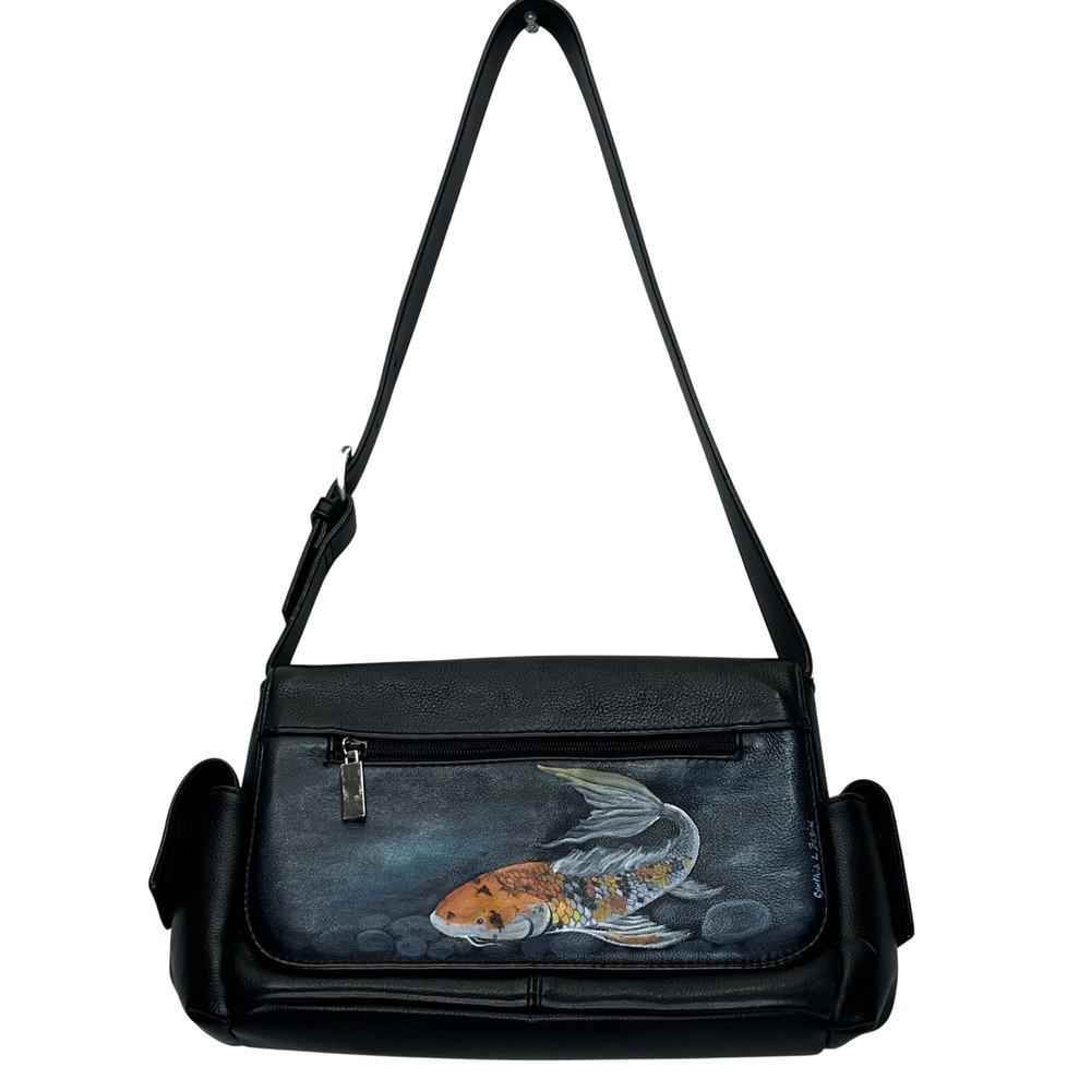 Cynthia L Begin Leather Shoulder Bag Black Koi Fish Hand Painted Art 100583